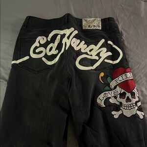 Ed Hardy Black Jeans with Skull and Heart Design